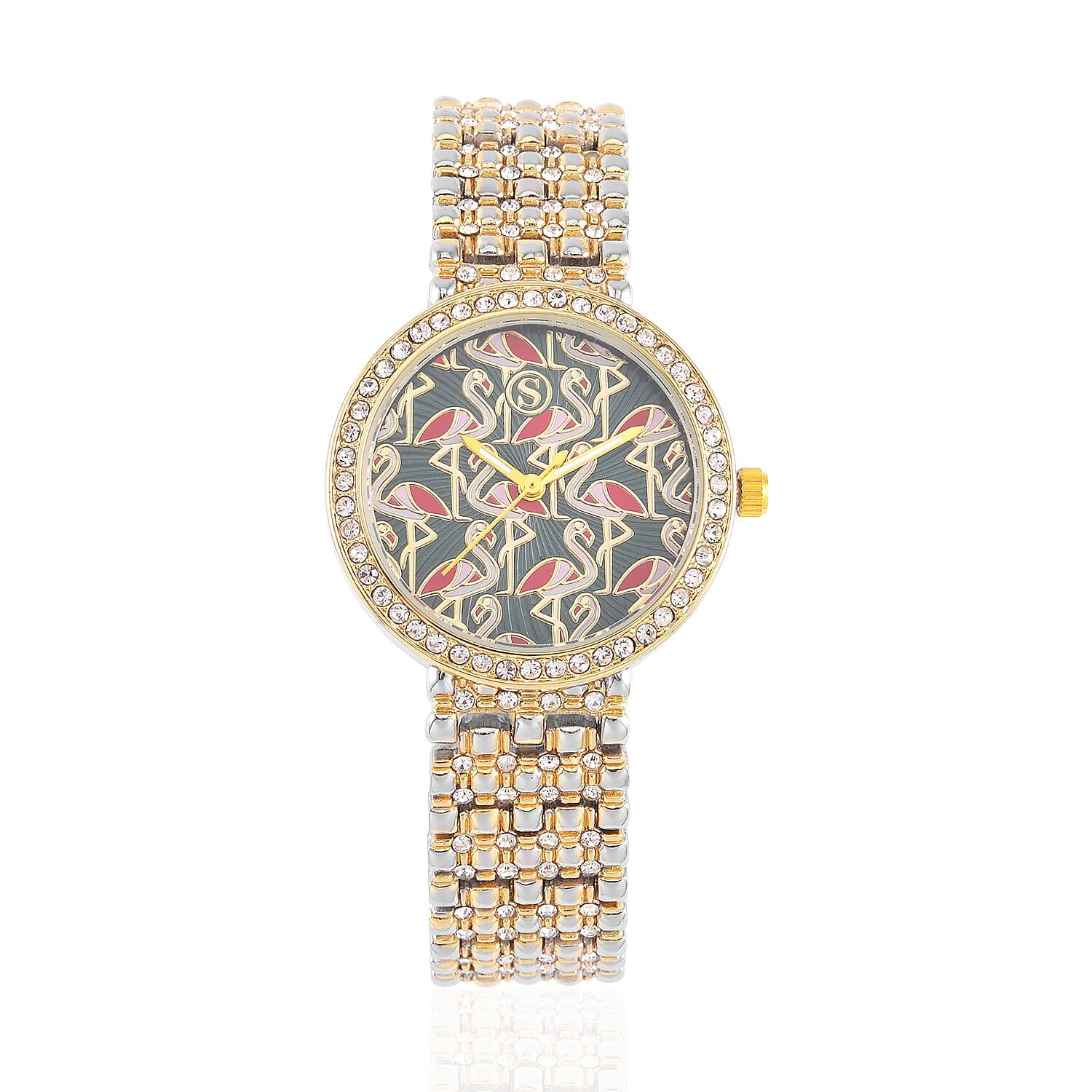 STRADA Japan Movt. Gold - Green Dial Flamingo Pattern Crystal Studded WR Watch with Stainless Steel Buckle 7630917 0