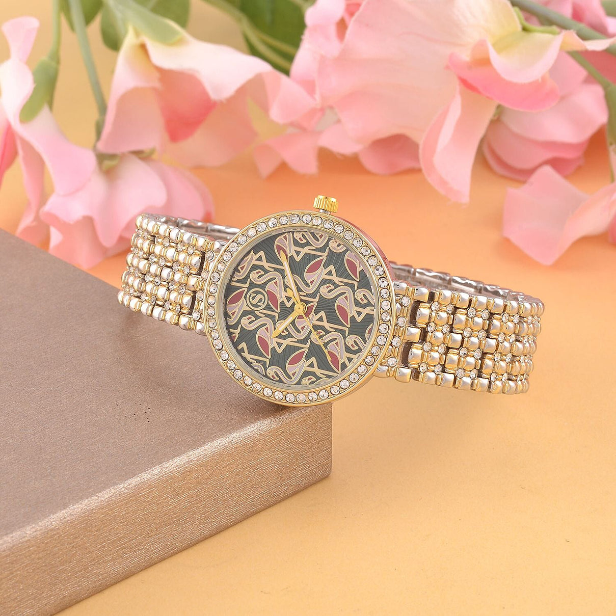 STRADA Japan Movt. Gold - Green Dial Flamingo Pattern Crystal Studded WR Watch with Stainless Steel Buckle 7630917 1