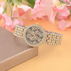 STRADA Japan Movt. Gold - Green Dial Flamingo Pattern Crystal Studded WR Watch with Stainless Steel Buckle