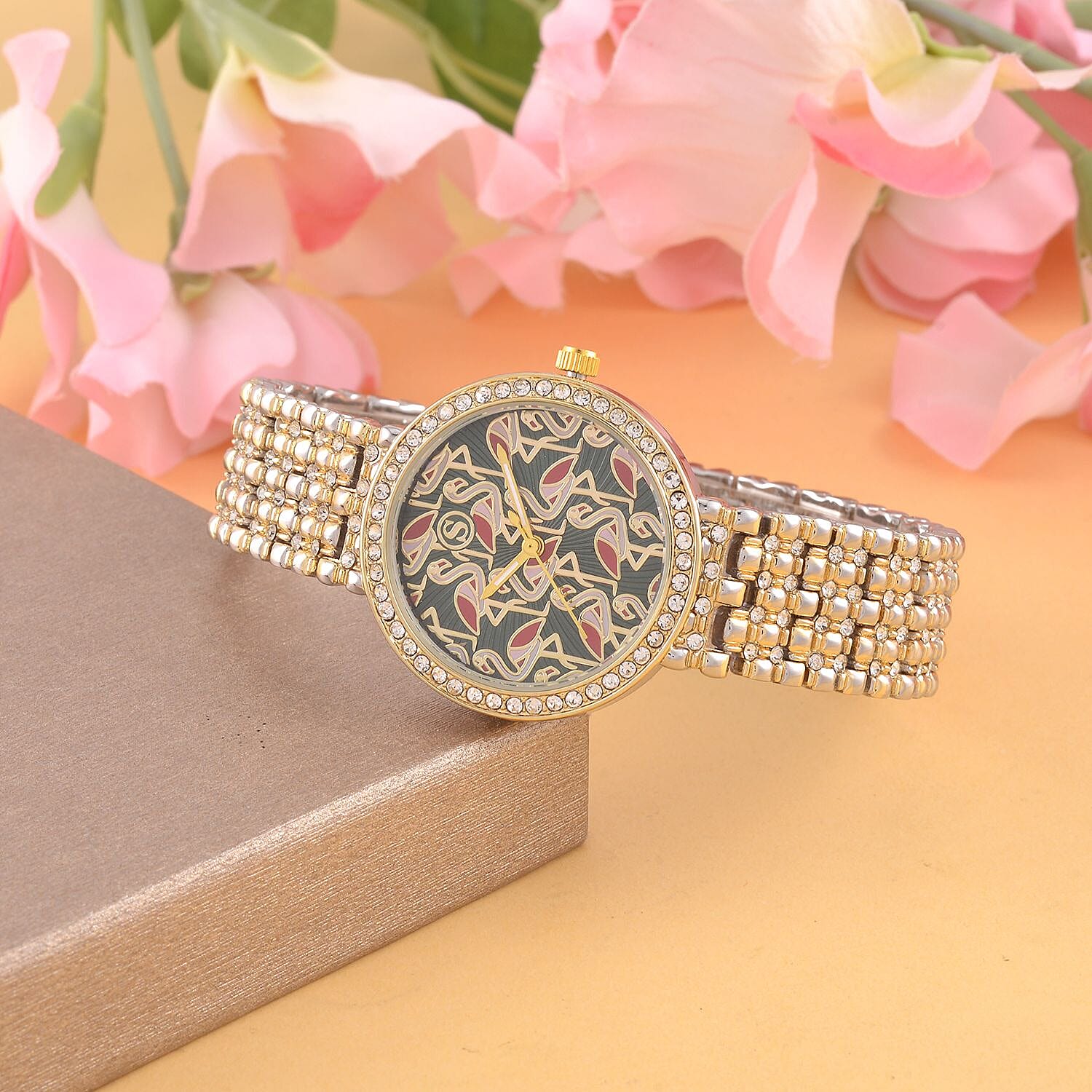 STRADA Japan Movt. Gold - Green Dial Flamingo Pattern Crystal Studded WR Watch with Stainless Steel Buckle 7630917 1