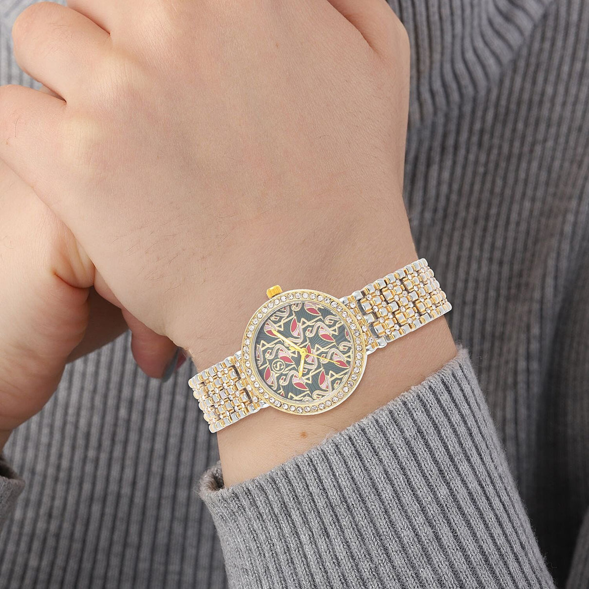 STRADA Japan Movt. Gold - Green Dial Flamingo Pattern Crystal Studded WR Watch with Stainless Steel Buckle 7630917 2