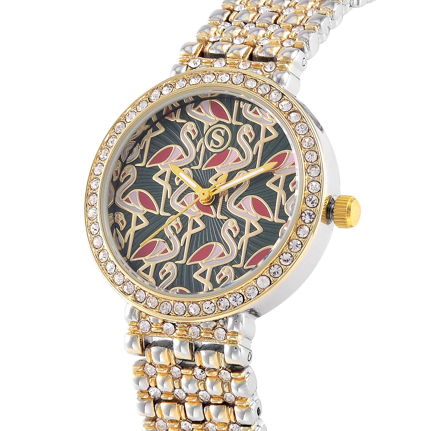 STRADA Japan Movt. Gold - Green Dial Flamingo Pattern Crystal Studded WR Watch with Stainless Steel Buckle 7630917 3