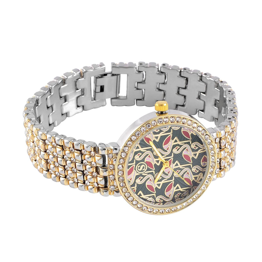 STRADA Japan Movt. Gold - Green Dial Flamingo Pattern Crystal Studded WR Watch with Stainless Steel Buckle