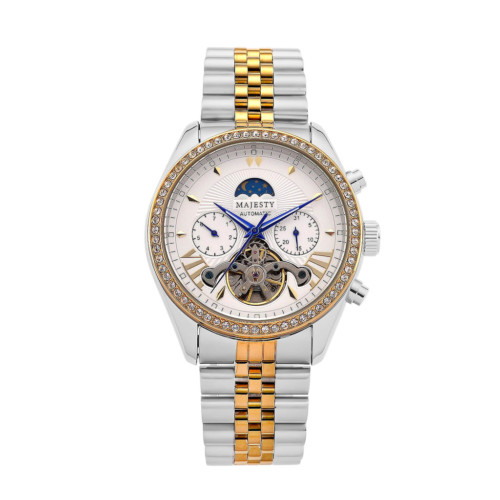 MAJESTY Triumph Multifunctional Automatic Movement Crystal Studded 3ATM Day and night element Two Tone Strap Watch - gold