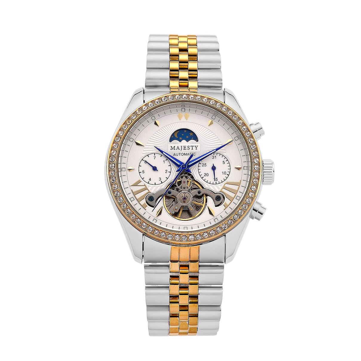 MAJESTY Multifunctional Automatic 3ATM WR White Literal Dial &amp; Two-Tone Silver/Gold Crystal Case Mens Watch with Two-Tone Stainless Steel Strap 8415260 0