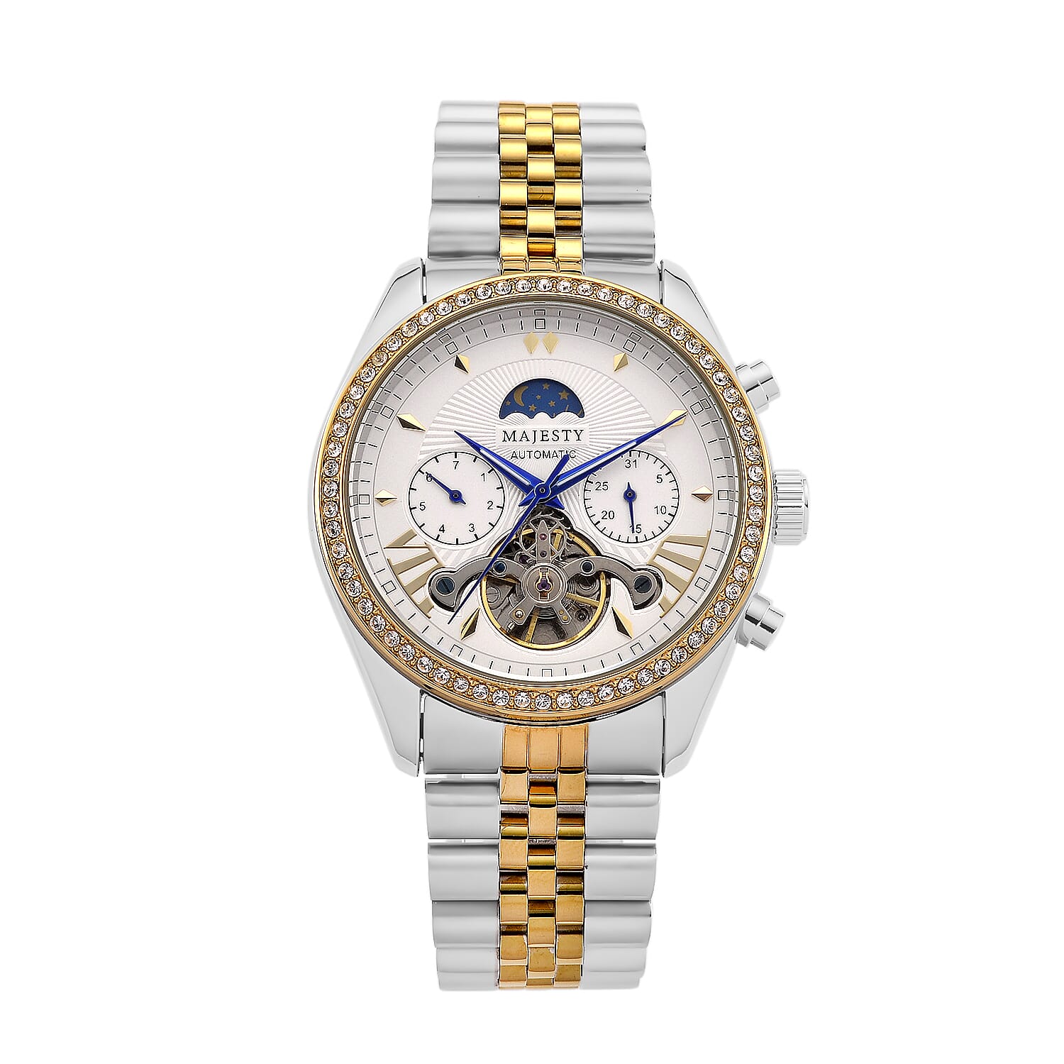 MAJESTY Multifunctional Automatic 3ATM WR White Literal Dial &amp; Two-Tone Silver/Gold Crystal Case Mens Watch with Two-Tone Stainless Steel Strap 8415260 0
