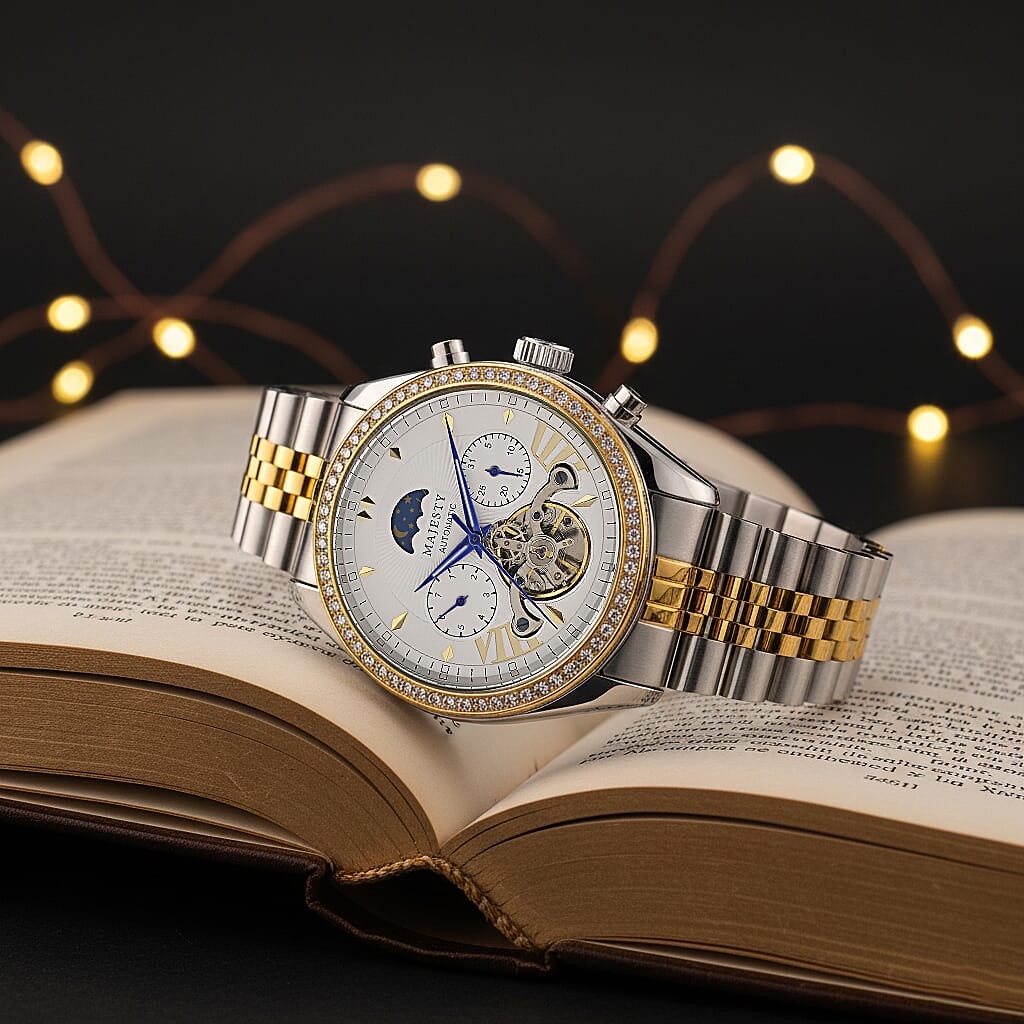 MAJESTY Multifunctional Automatic 3ATM WR White Literal Dial &amp; Two-Tone Silver/Gold Crystal Case Mens Watch with Two-Tone Stainless Steel Strap 8415260 2