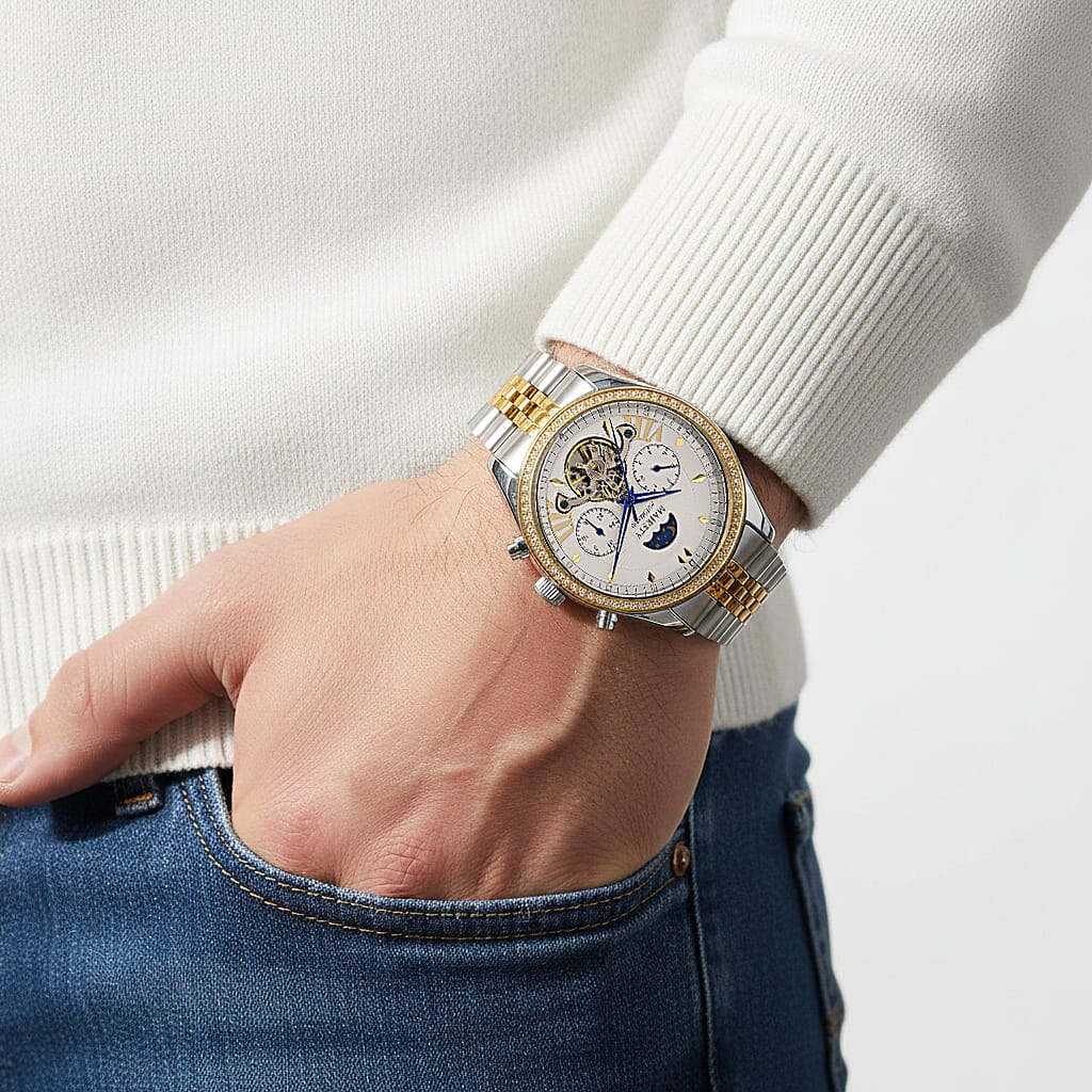 MAJESTY Multifunctional Automatic 3ATM WR White Literal Dial &amp; Two-Tone Silver/Gold Crystal Case Mens Watch with Two-Tone Stainless Steel Strap 8415260 3