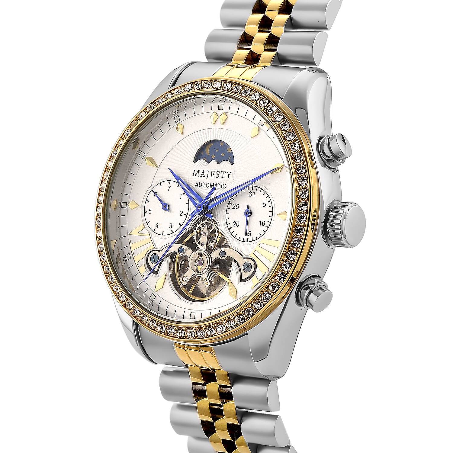 MAJESTY Multifunctional Automatic 3ATM WR White Literal Dial &amp; Two-Tone Silver/Gold Crystal Case Mens Watch with Two-Tone Stainless Steel Strap 8415260 4
