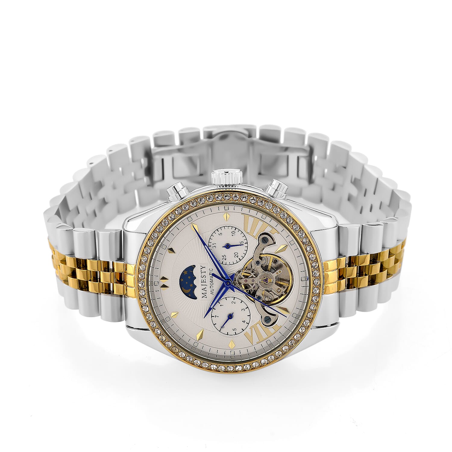 MAJESTY Multifunctional Automatic 3ATM WR White Literal Dial &amp; Two-Tone Silver/Gold Crystal Case Mens Watch with Two-Tone Stainless Steel Strap 8415260 5