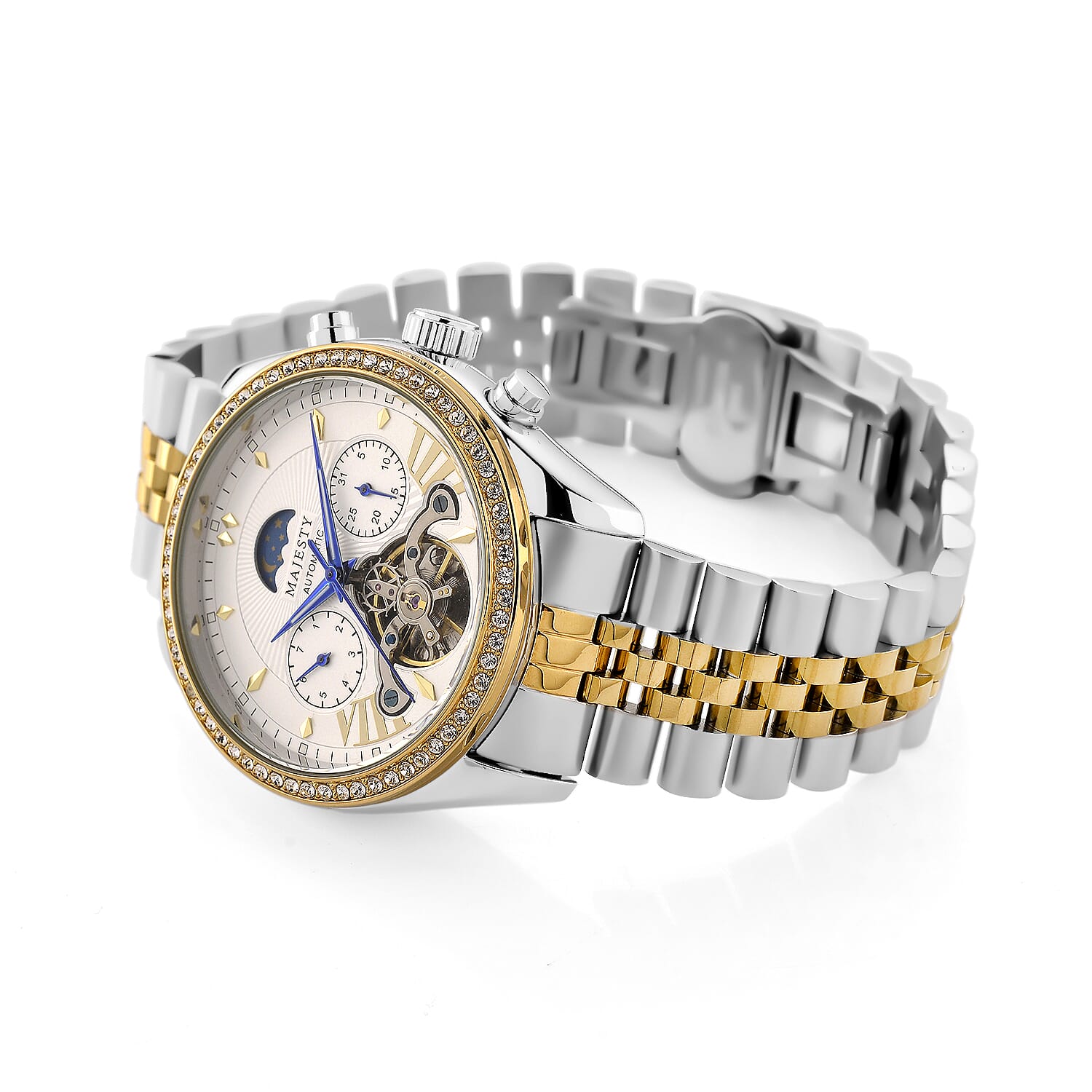 MAJESTY Multifunctional Automatic 3ATM WR White Literal Dial &amp; Two-Tone Silver/Gold Crystal Case Mens Watch with Two-Tone Stainless Steel Strap 8415260 6