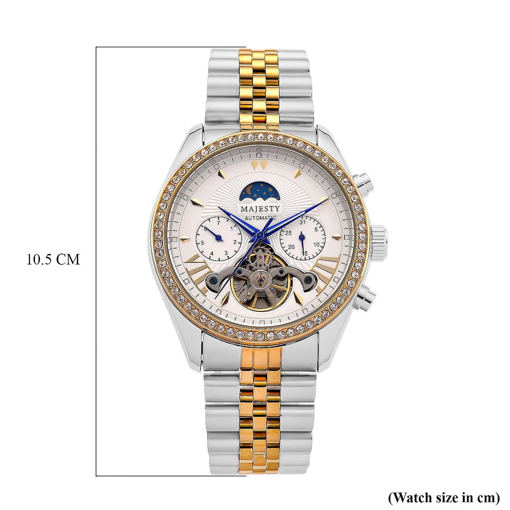 MAJESTY Triumph Multifunctional Automatic Movement Crystal Studded 3ATM Day and night element Two Tone Strap Watch - gold