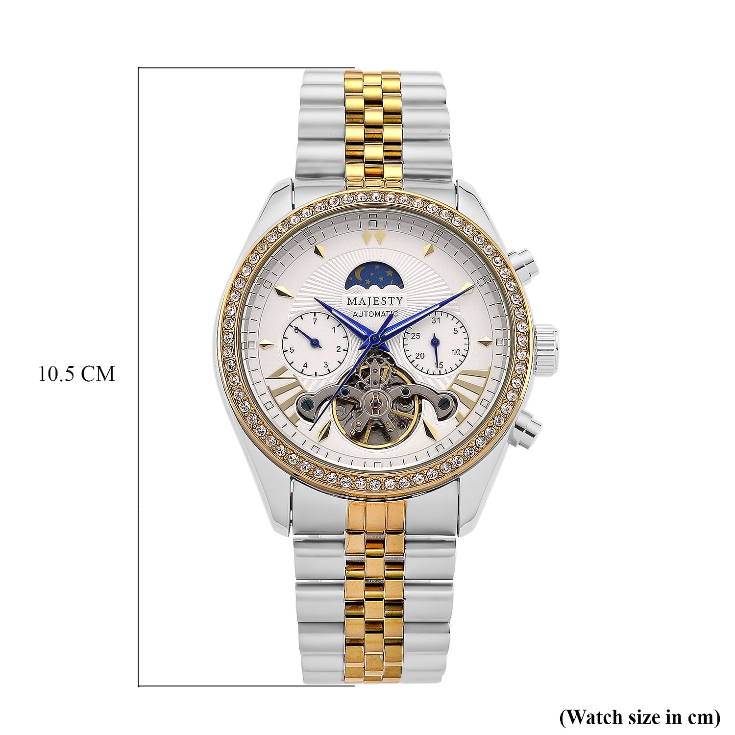 MAJESTY Multifunctional Automatic 3ATM WR White Literal Dial &amp; Two-Tone Silver/Gold Crystal Case Mens Watch with Two-Tone Stainless Steel Strap 8415260 8