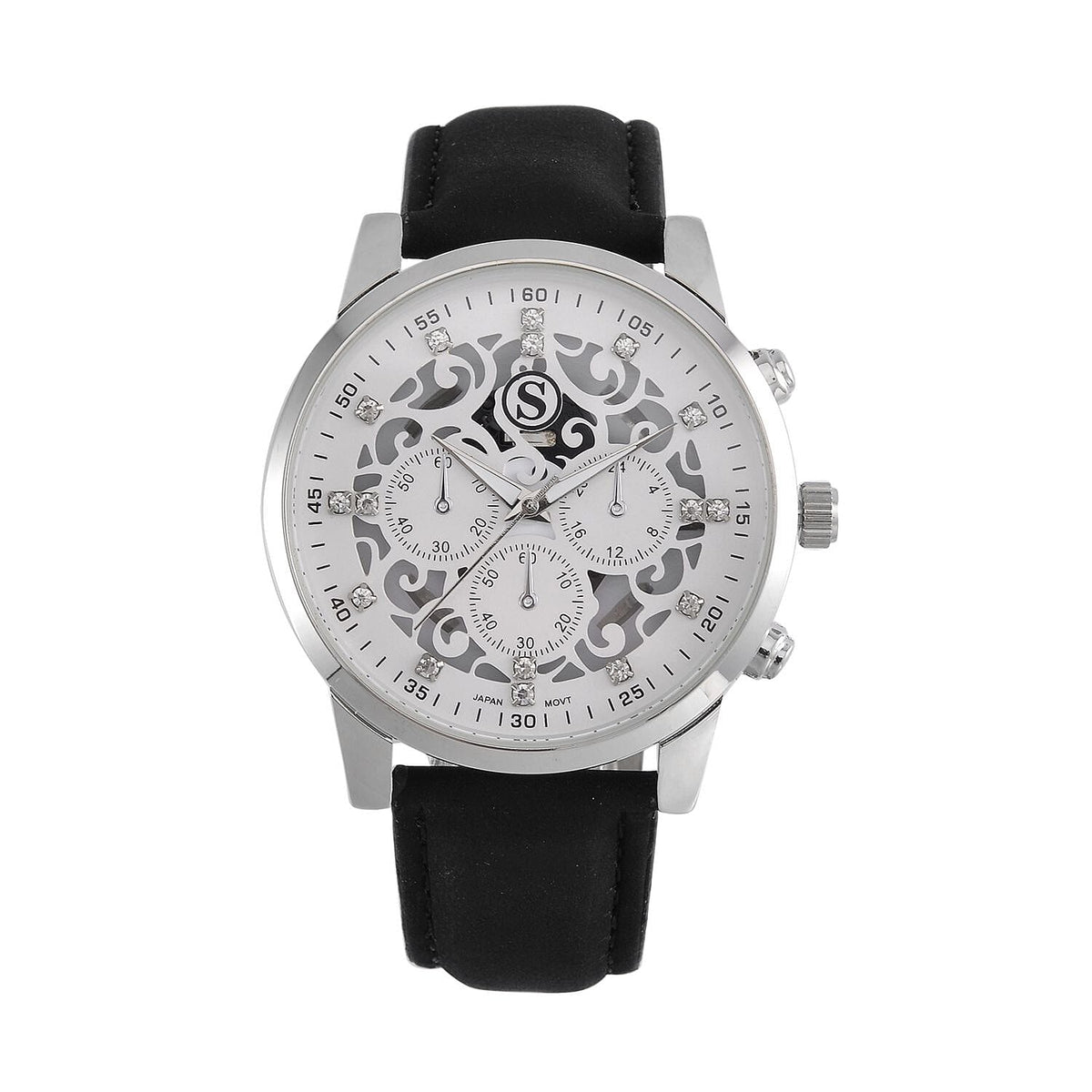STRADA Multifunction Japanese Movement Crystal Studded 35mm White Gradient Hollow Literal Dial Silver Casing With Black Leatherette Strap 7562663 0