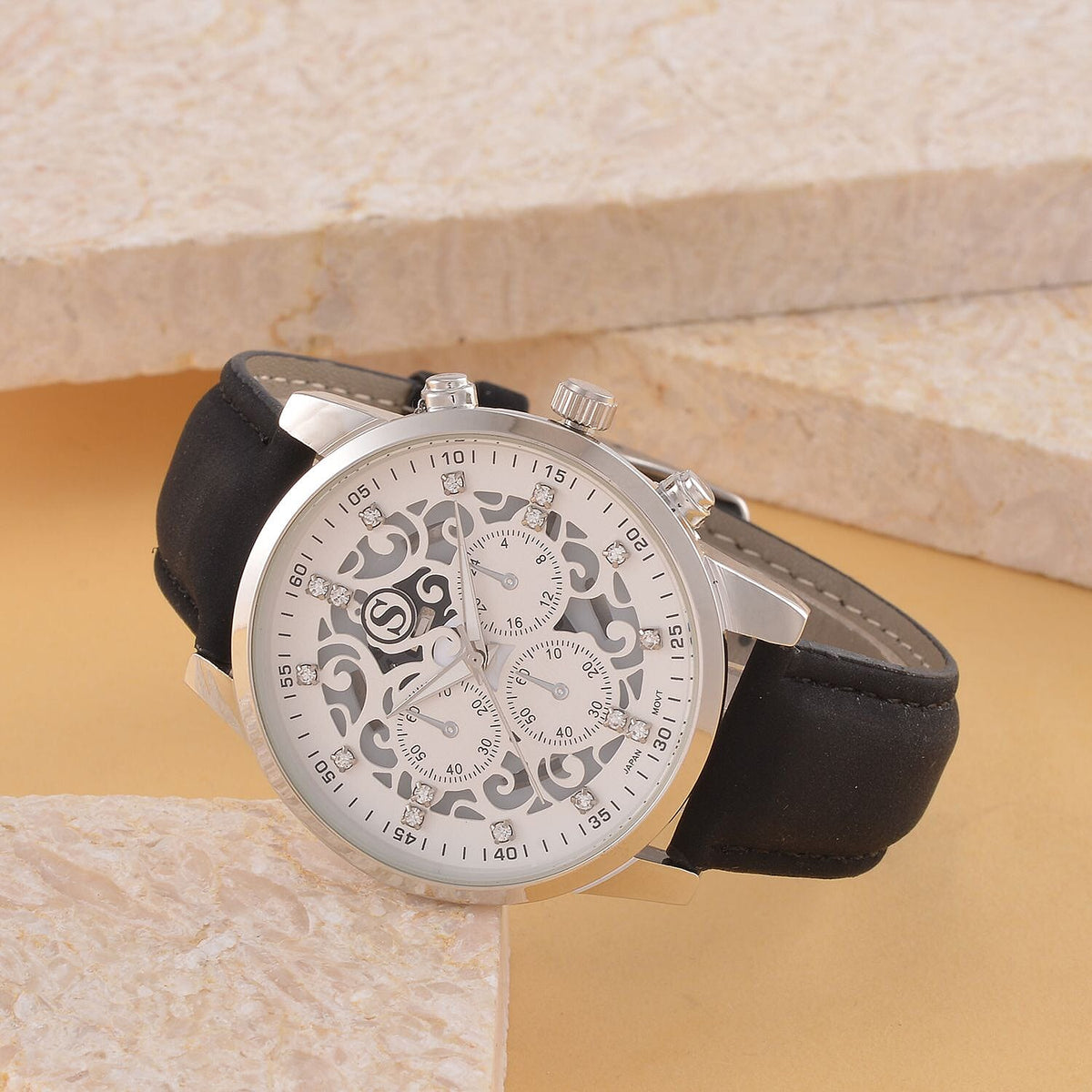 STRADA Multifunction Japanese Movement Crystal Studded 35mm White Gradient Hollow Literal Dial Silver Casing With Black Leatherette Strap 7562663 1