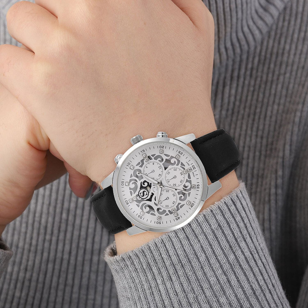 STRADA Multifunction Japanese Movement Crystal Studded 35mm White Gradient Hollow Literal Dial Silver Casing With Black Leatherette Strap 7562663 2
