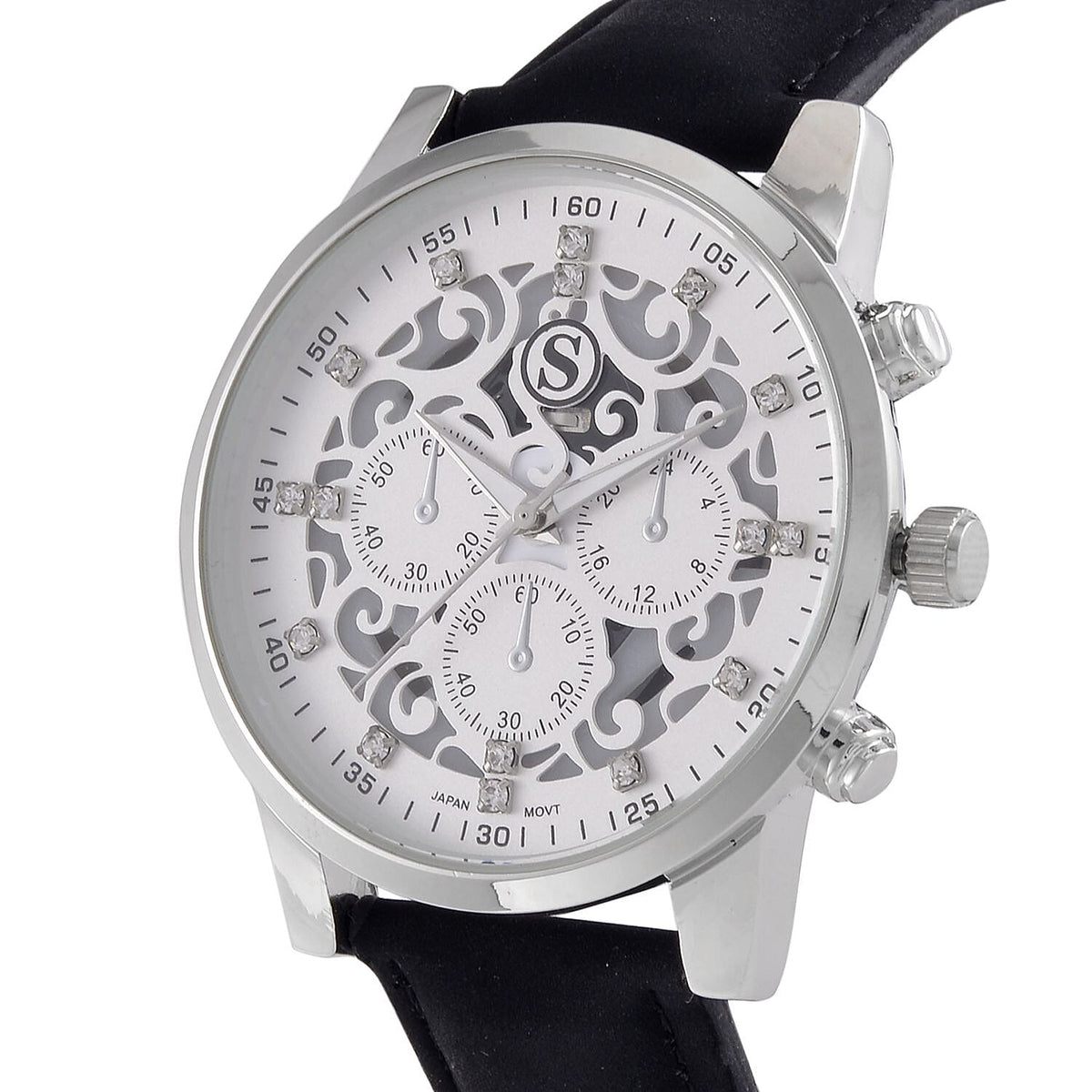 STRADA Multifunction Japanese Movement Crystal Studded 35mm White Gradient Hollow Literal Dial Silver Casing With Black Leatherette Strap 7562663 3