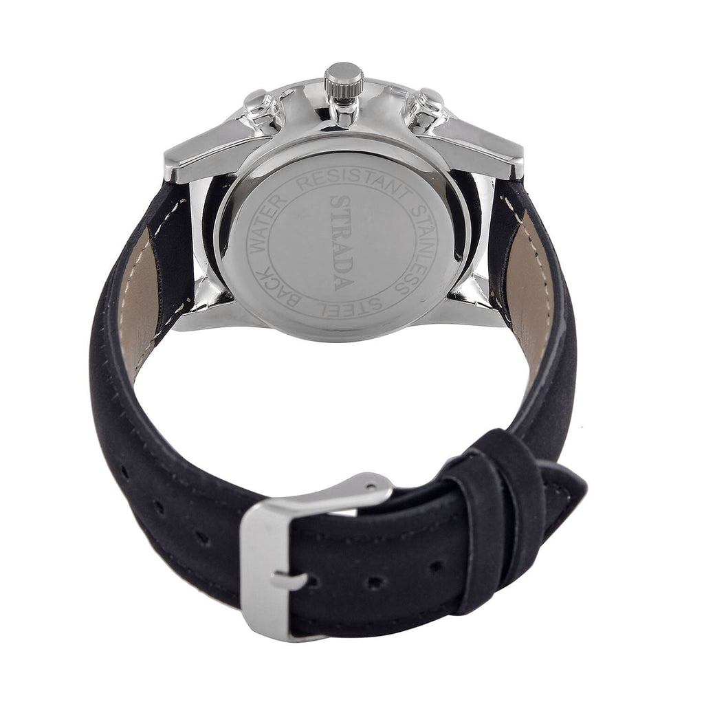 STRADA Multifunction Japanese Movement Crystal Studded 35mm White Gradient Hollow Literal Dial Silver Casing With Black Leatherette Strap