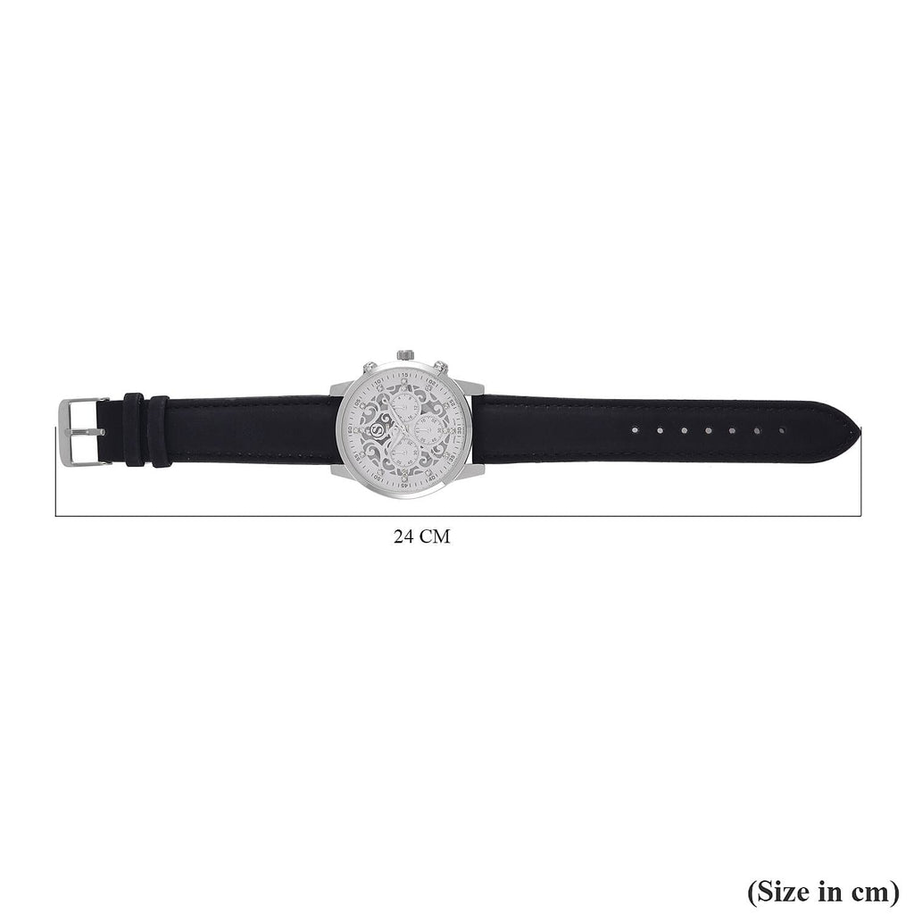 STRADA Multifunction Japanese Movement Crystal Studded 35mm White Gradient Hollow Literal Dial Silver Casing With Black Leatherette Strap