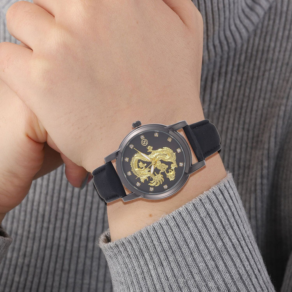 STRADA Japanese Movement Crystal Studded Gold Dragon Black Dial Watch with Black Leatherette Strap
