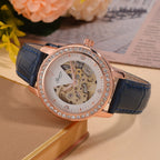 Designer Inspired - GENOA TIME V2-Automatic Movement with  Crystal & Leather strap- Blue