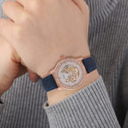 Designer Inspired - GENOA TIME V2-Automatic Movement with  Crystal & Leather strap- Blue