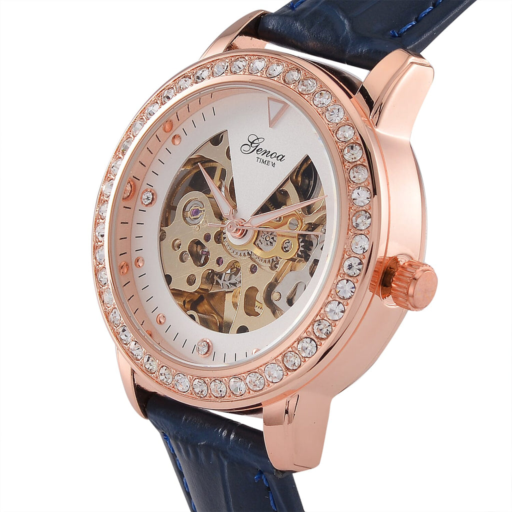 Designer Inspired - GENOA TIME V2-Automatic Movement with  Crystal & Leather strap- Blue