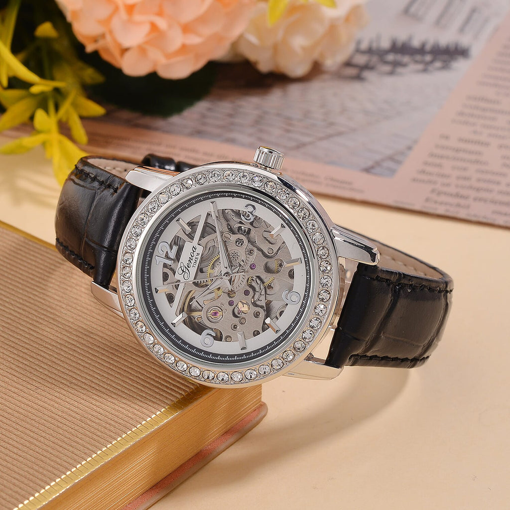 Designer Inspired - GENOA TIME V2-Automatic Movement with  Crystal & Leather strap- Black