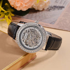 Designer Inspired - GENOA TIME V2-Automatic Movement with  Crystal & Leather strap- Black