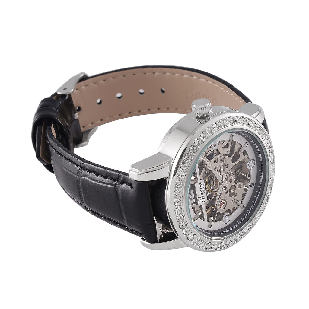 Designer Inspired - GENOA TIME V2-Automatic Movement with  Crystal & Leather strap- Black