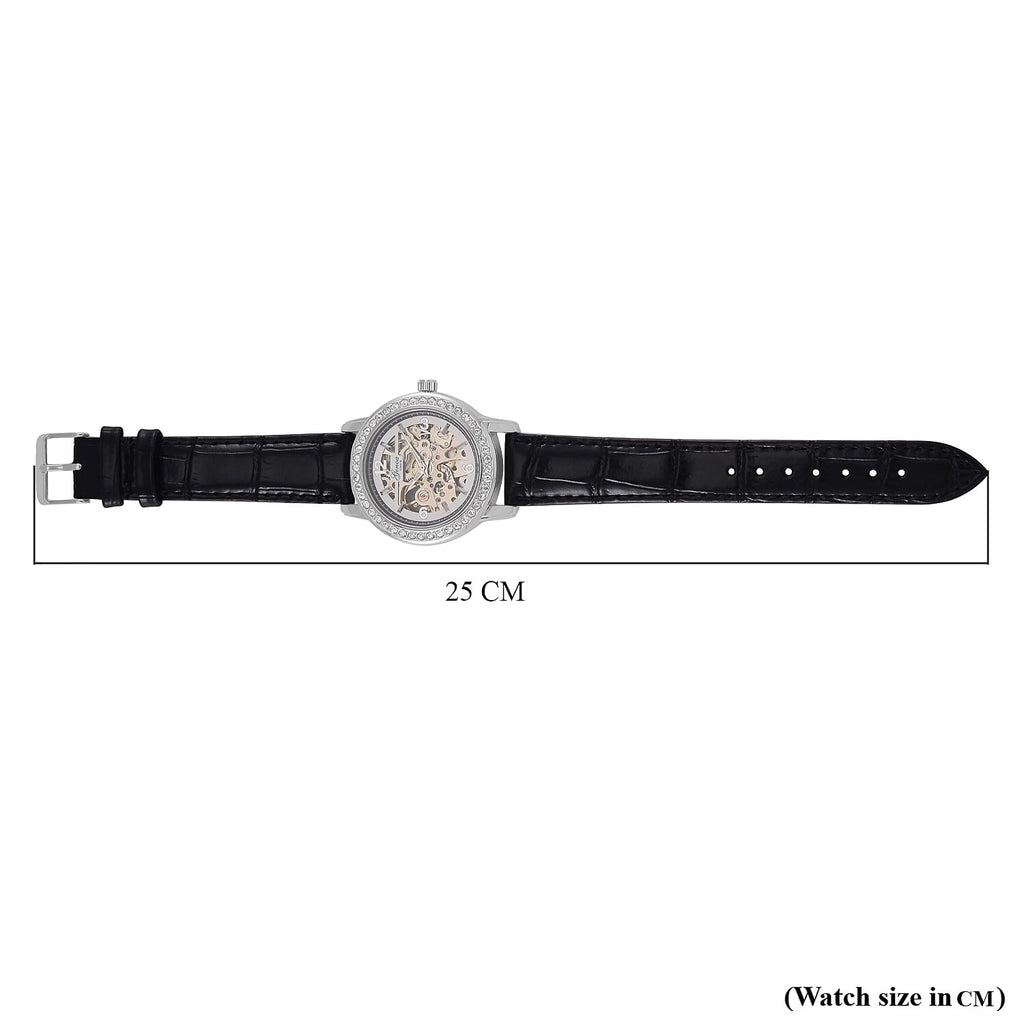 Designer Inspired - GENOA TIME V2-Automatic Movement with  Crystal & Leather strap- Black