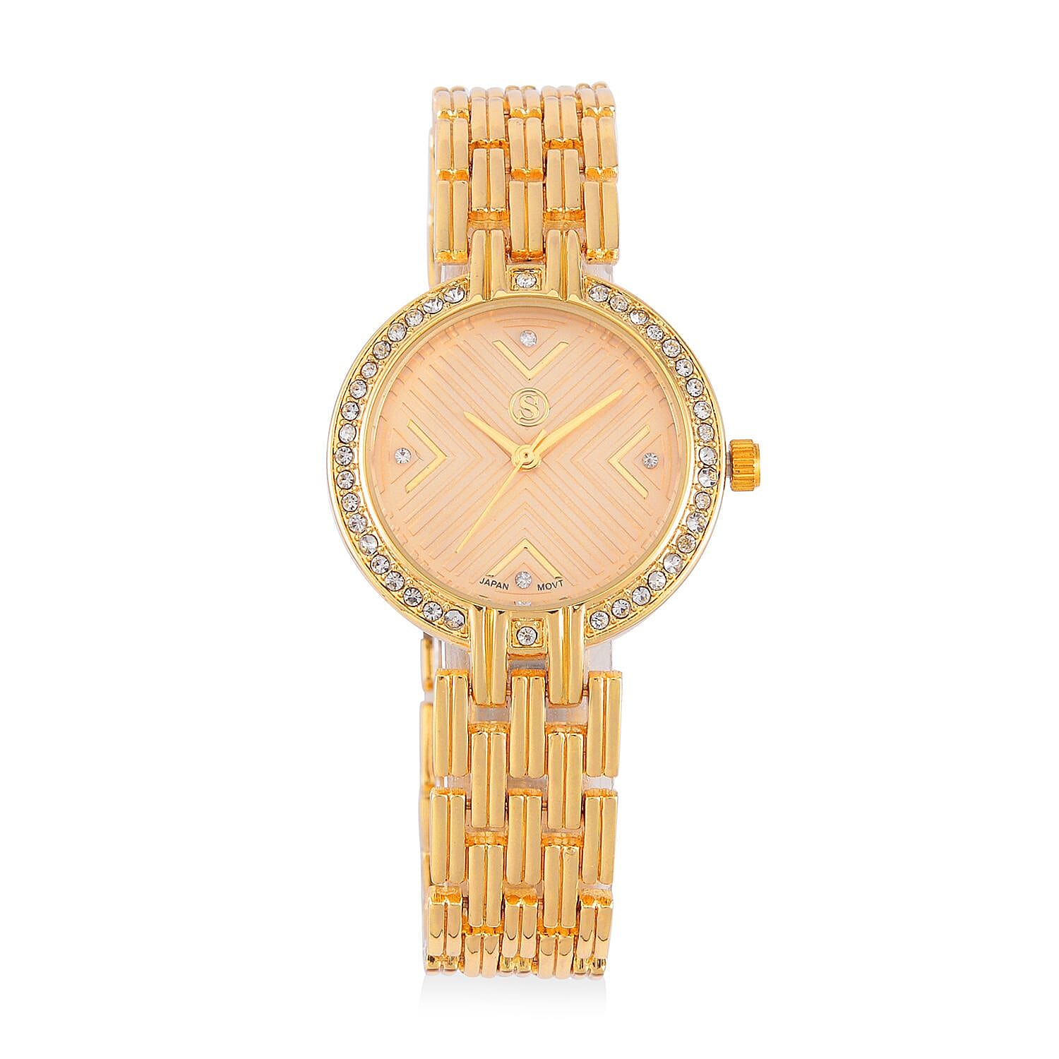 STRADA Japanese Movement Hydraulic Literal &amp; Crystal Gold Dial Water Resistant Watch With Stainless Steel Chain Strap in Yellow Gold Tone 7625261 0