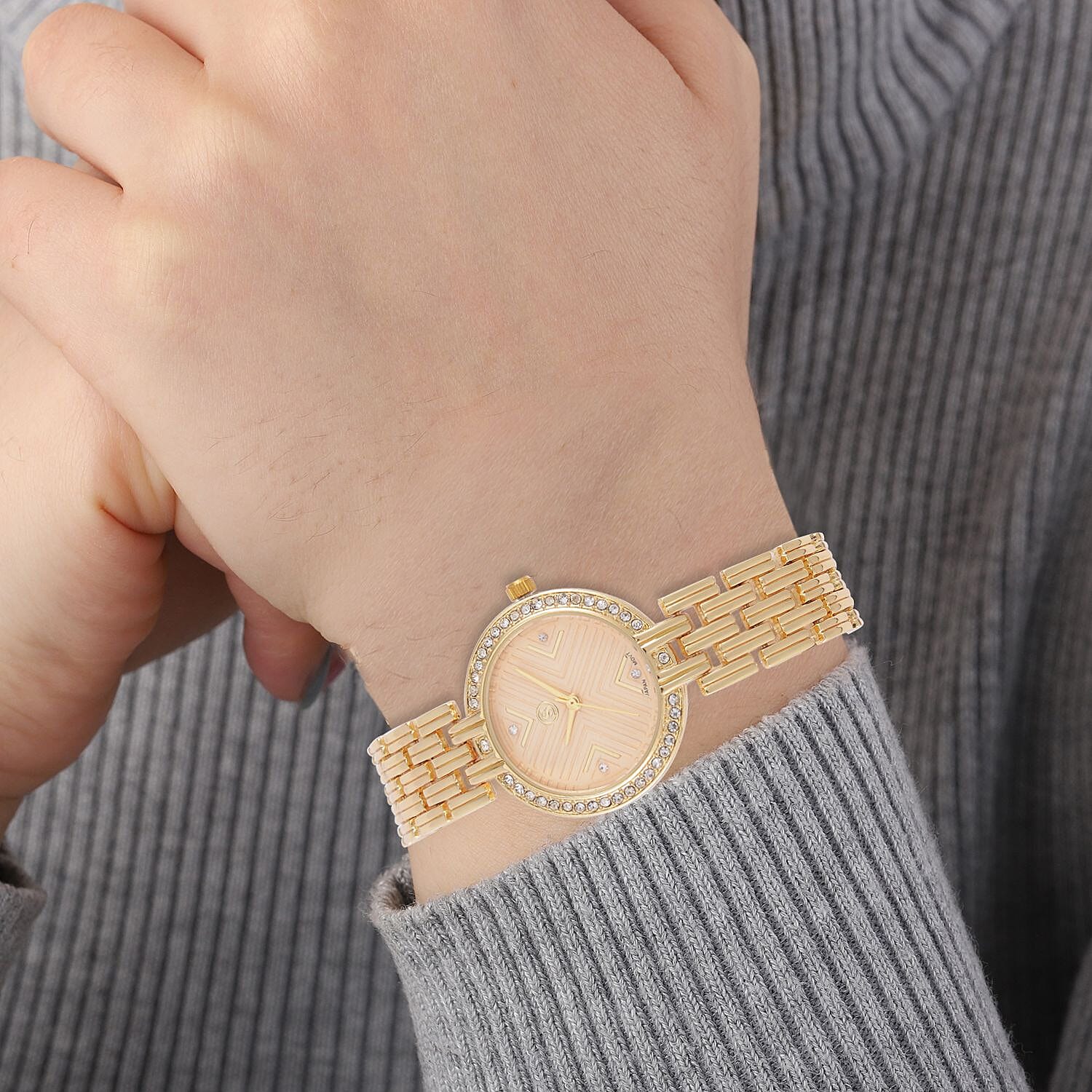 STRADA Japanese Movement Hydraulic Literal &amp; Crystal Gold Dial Water Resistant Watch With Stainless Steel Chain Strap in Yellow Gold Tone 7625261 2