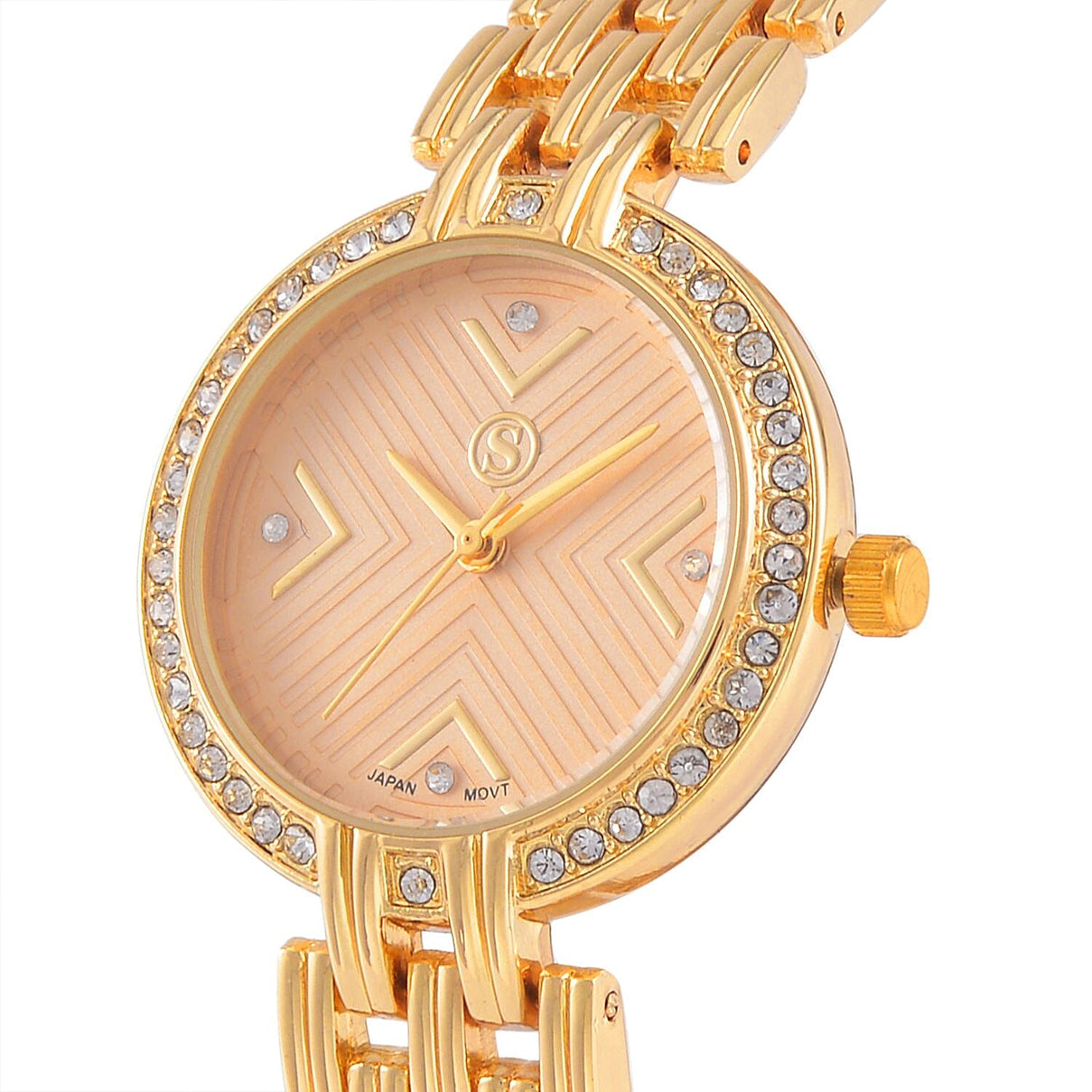 STRADA Japanese Movement Hydraulic Literal &amp; Crystal Gold Dial Water Resistant Watch With Stainless Steel Chain Strap in Yellow Gold Tone 7625261 3
