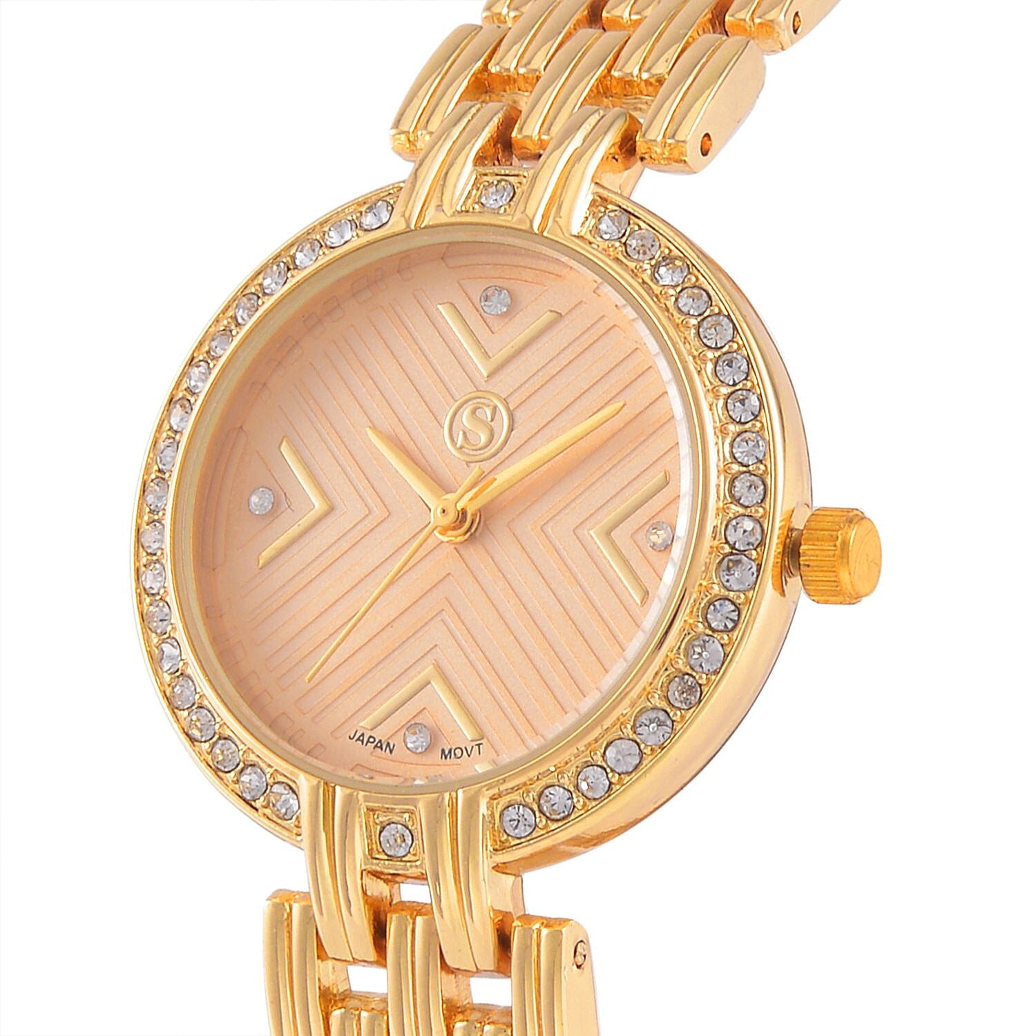 STRADA Japanese Movement Hydraulic Literal &amp; Crystal Gold Dial Water Resistant Watch With Stainless Steel Chain Strap in Yellow Gold Tone 7625261 3