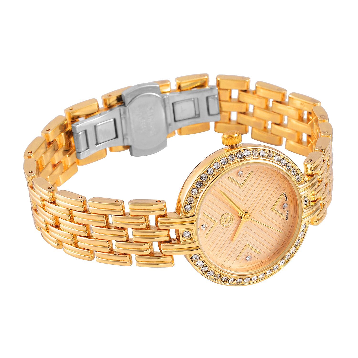 STRADA Japanese Movement Hydraulic Literal &amp; Crystal Gold Dial Water Resistant Watch With Stainless Steel Chain Strap in Yellow Gold Tone 7625261 4