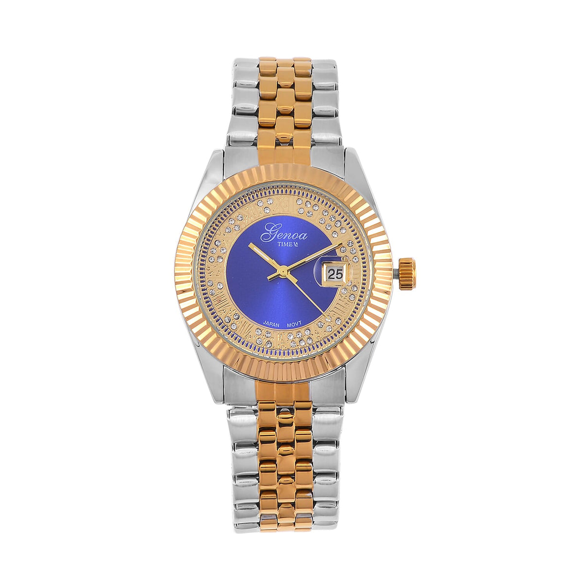 Designer Inspired - Limited Edition- GENOA TIME V2 Japan Movt. Blue Sunshine Literal Crystal Studded Dial 3 ATM WR Watch with Stainless Steel Chain Strap in Dual Tone 7746088 0