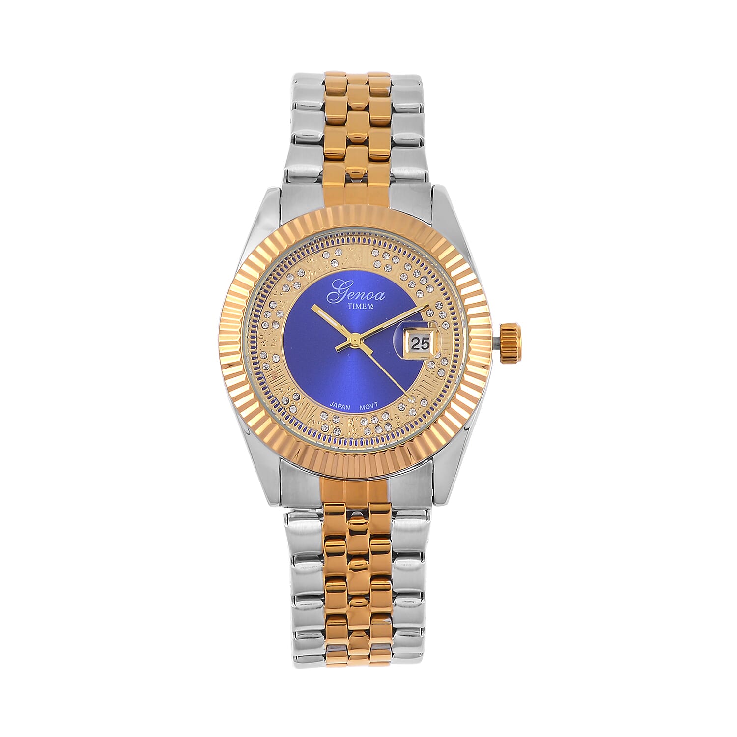 Designer Inspired - Limited Edition- GENOA TIME V2 Japan Movt. Blue Sunshine Literal Crystal Studded Dial 3 ATM WR Watch with Stainless Steel Chain Strap in Dual Tone 7746088 0