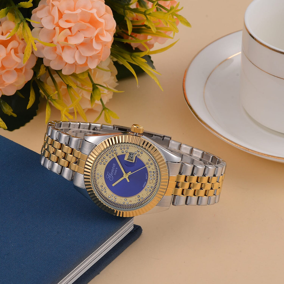 Designer Inspired - Limited Edition- GENOA TIME V2 Japan Movt. Blue Sunshine Literal Crystal Studded Dial 3 ATM WR Watch with Stainless Steel Chain Strap in Dual Tone 7746088 1