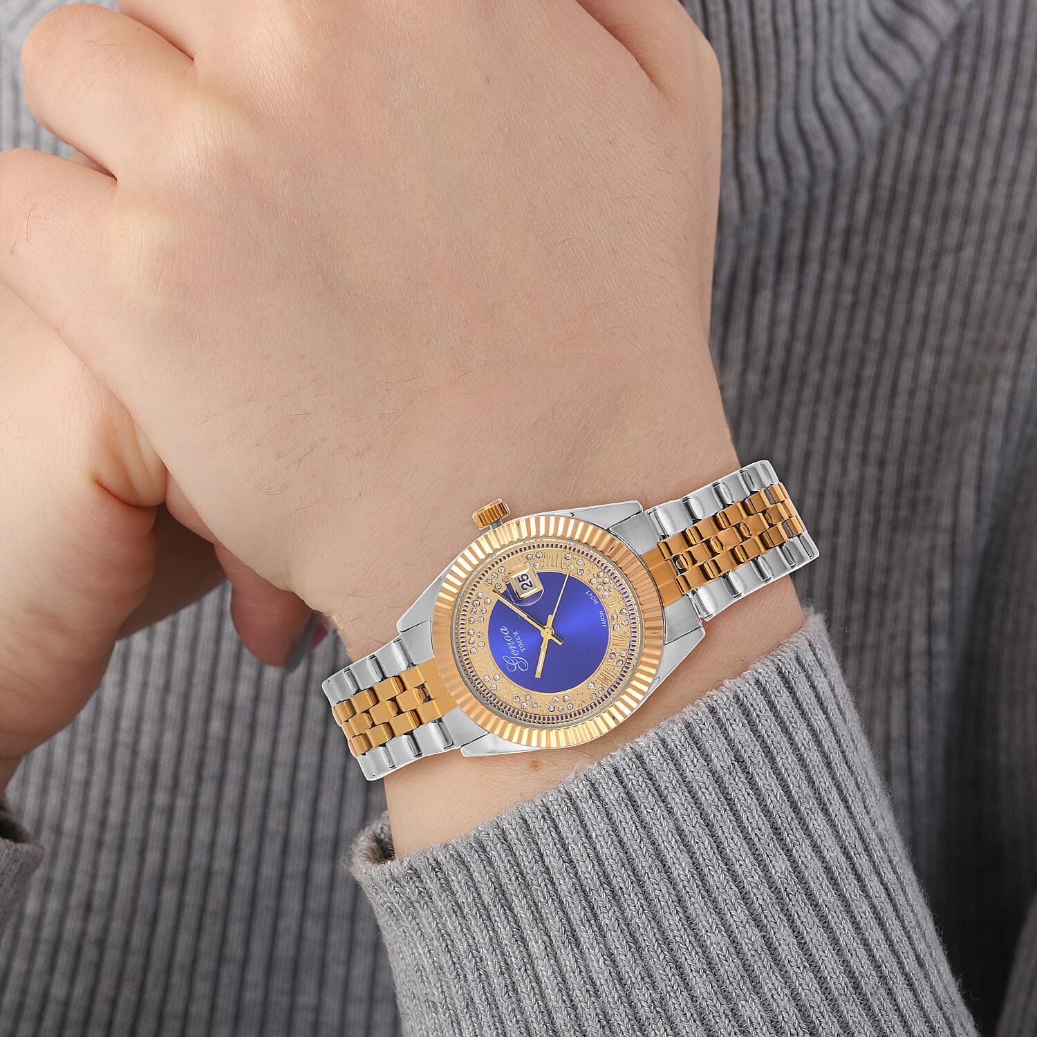 Designer Inspired - Limited Edition- GENOA TIME V2 Japan Movt. Blue Sunshine Literal Crystal Studded Dial 3 ATM WR Watch with Stainless Steel Chain Strap in Dual Tone 7746088 2