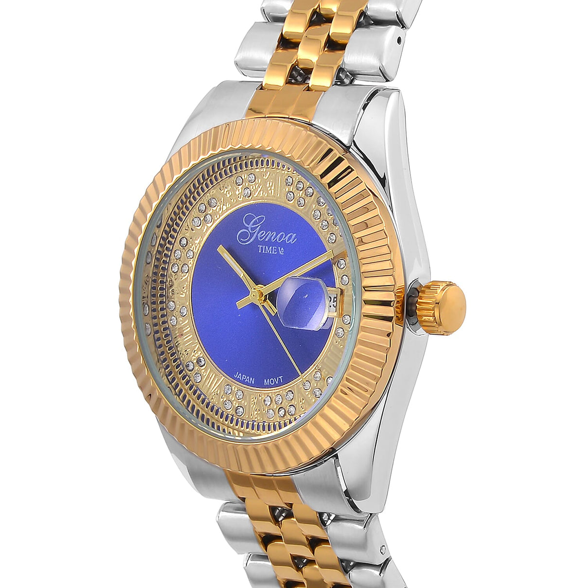 Designer Inspired - Limited Edition- GENOA TIME V2 Japan Movt. Blue Sunshine Literal Crystal Studded Dial 3 ATM WR Watch with Stainless Steel Chain Strap in Dual Tone 7746088 3