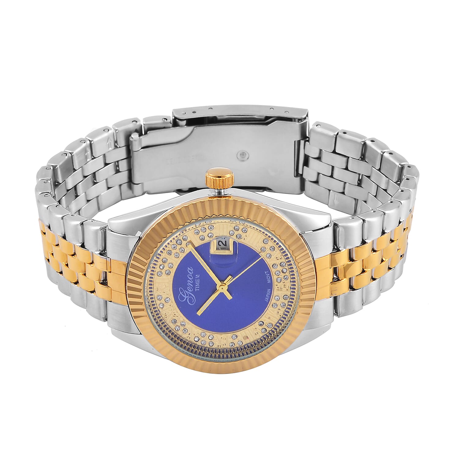 Designer Inspired - Limited Edition- GENOA TIME V2 Japan Movt. Blue Sunshine Literal Crystal Studded Dial 3 ATM WR Watch with Stainless Steel Chain Strap in Dual Tone 7746088 4