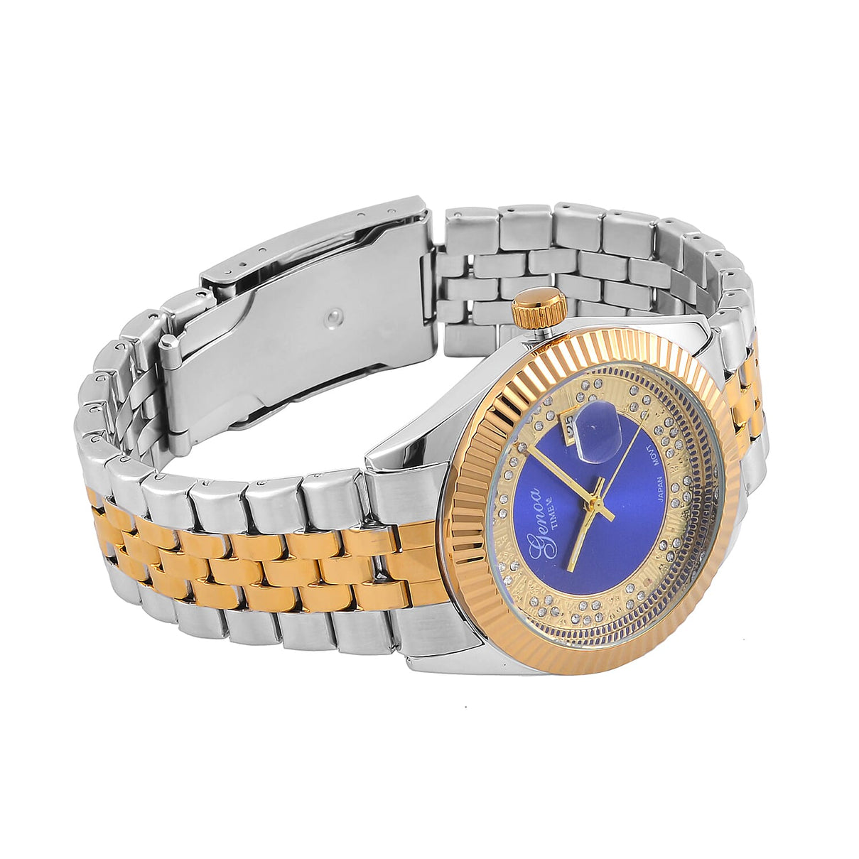 Designer Inspired - Limited Edition- GENOA TIME V2 Japan Movt. Blue Sunshine Literal Crystal Studded Dial 3 ATM WR Watch with Stainless Steel Chain Strap in Dual Tone 7746088 5