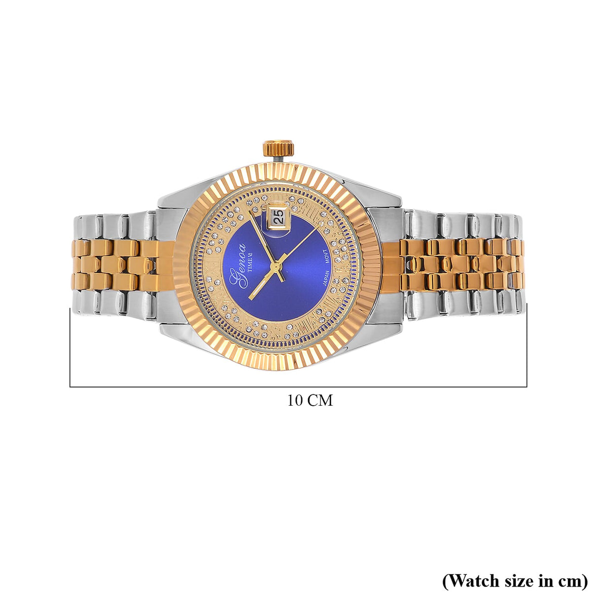 Designer Inspired - Limited Edition- GENOA TIME V2 Japan Movt. Blue Sunshine Literal Crystal Studded Dial 3 ATM WR Watch with Stainless Steel Chain Strap in Dual Tone 7746088 7