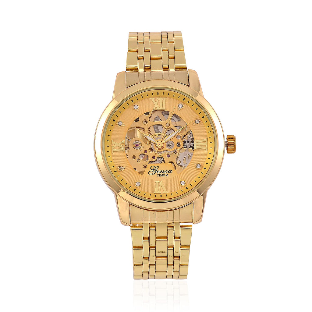 Limited Edition - Genoa Time Automatic Movt, Skeleton Dial Crystal Studded Watch with 3ATM Water Resistancy Presented in a Gift Box - Gold