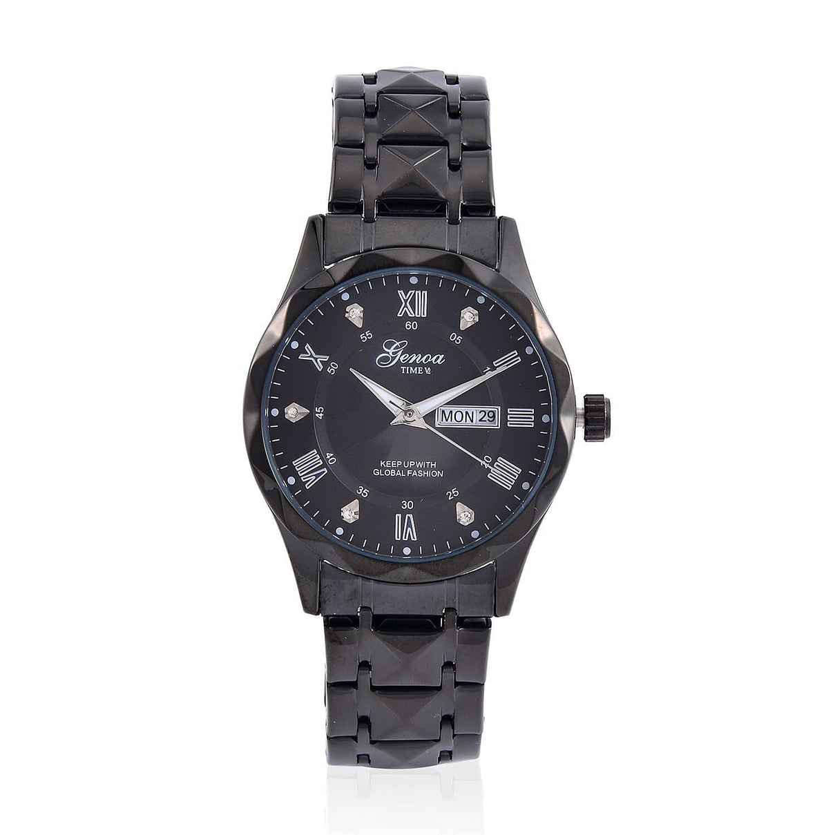 GENOA TIME V2 Quartz Movt. Crystal Studded Black Sunshine Dial 3 ATM WR Watch with Black Stainless Steel Chain Strap 7676860 0