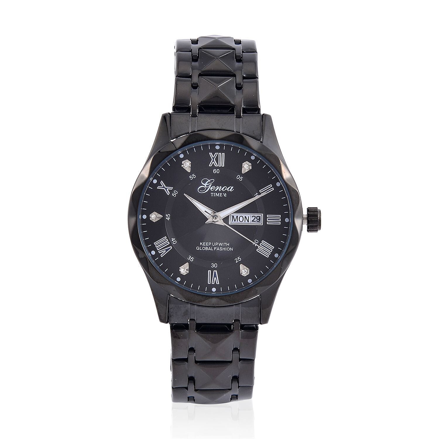 GENOA TIME V2 Quartz Movt. Crystal Studded Black Sunshine Dial 3 ATM WR Watch with Black Stainless Steel Chain Strap 7676860 0
