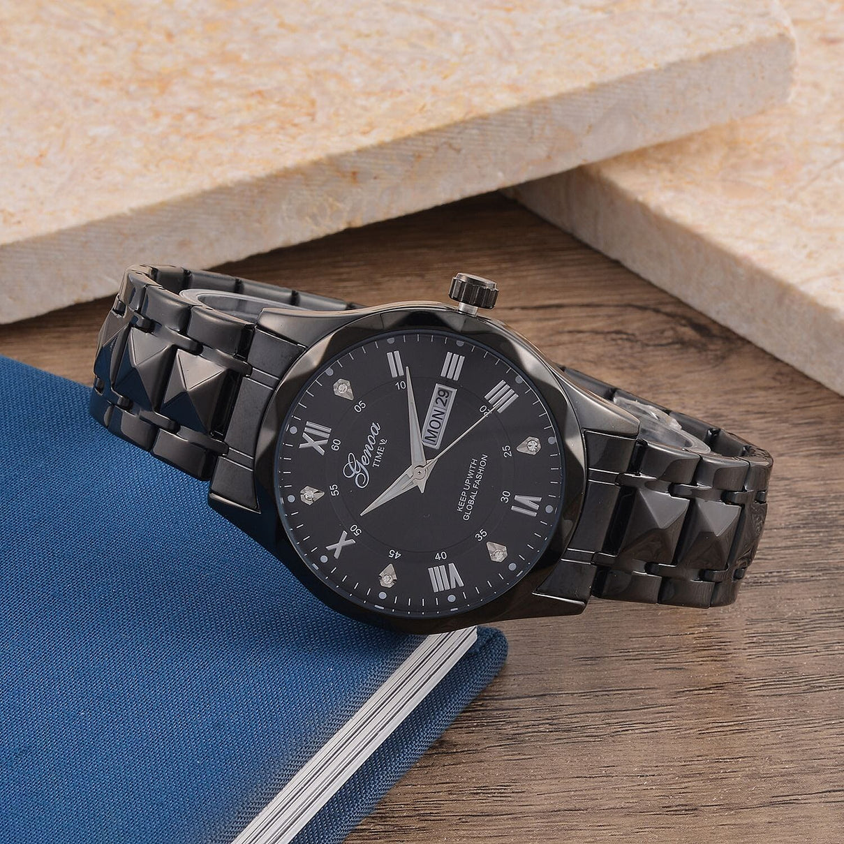 GENOA TIME V2 Quartz Movt. Crystal Studded Black Sunshine Dial 3 ATM WR Watch with Black Stainless Steel Chain Strap 7676860 1