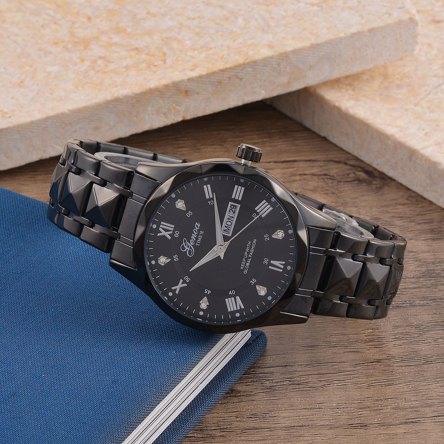GENOA TIME V2 Quartz Movt. Crystal Studded Black Sunshine Dial 3 ATM WR Watch with Black Stainless Steel Chain Strap 7676860 1