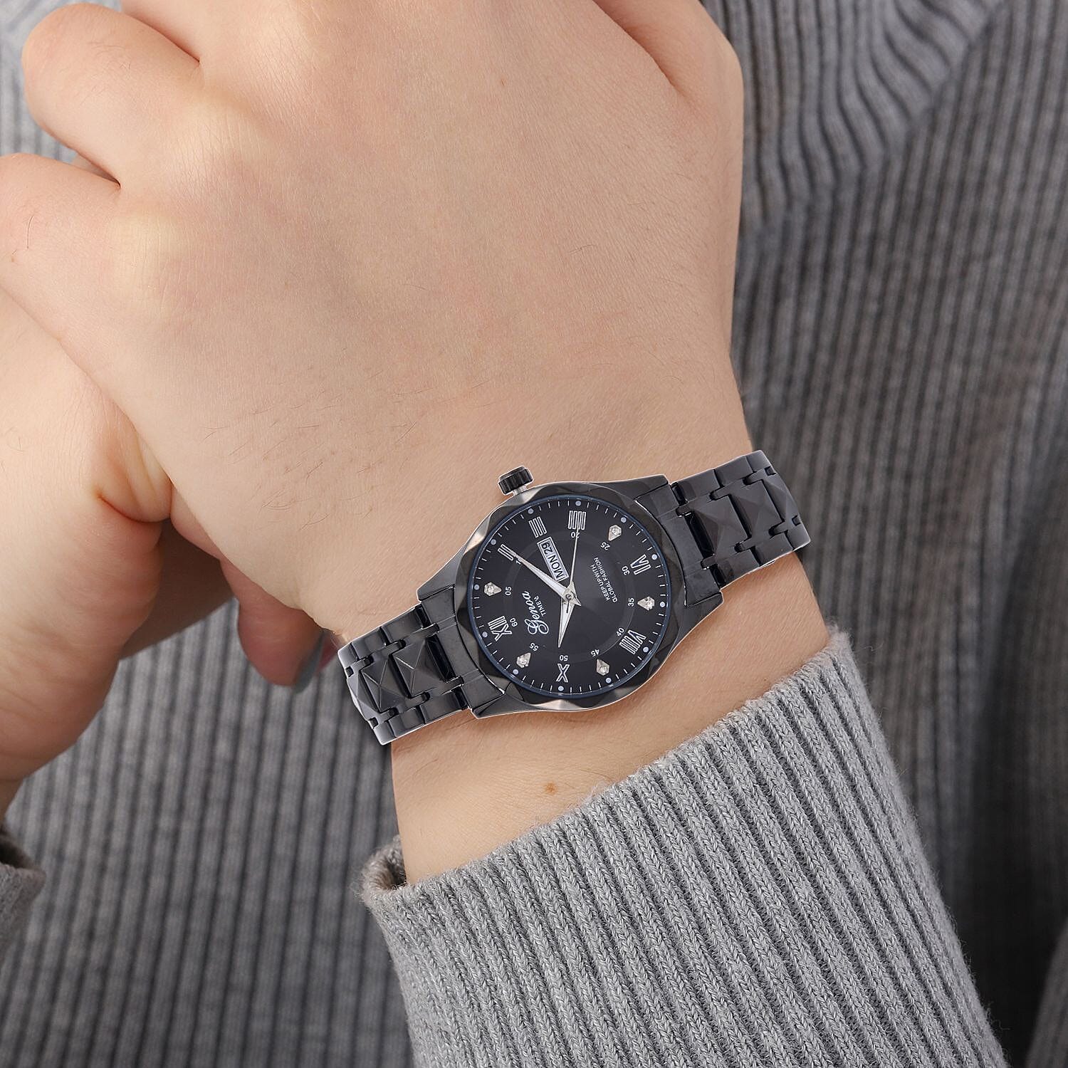 GENOA TIME V2 Quartz Movt. Crystal Studded Black Sunshine Dial 3 ATM WR Watch with Black Stainless Steel Chain Strap 7676860 2